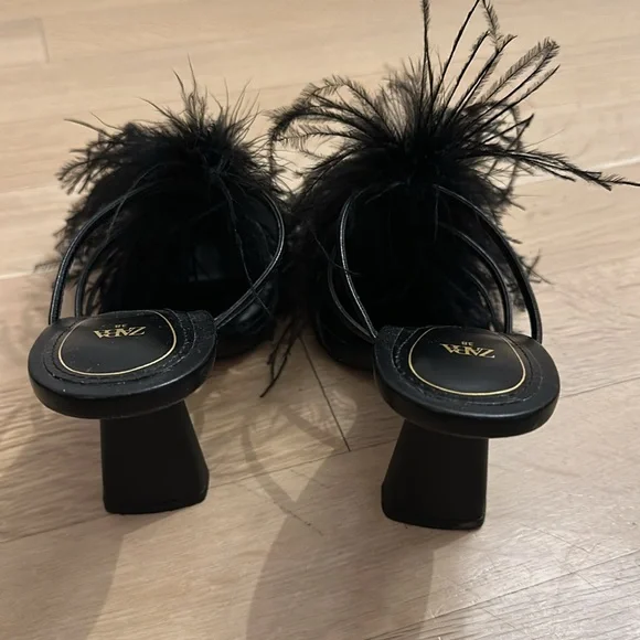 Zara Black Feather Trim Square-Toe Heel Mules - Picture 4 of 5